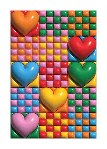 Motif coloré avec cœurs brillants orange, rouge, bleu, vert, jaune et rose sur fond à carreaux