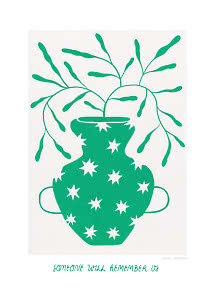 Green illustrated vase with white stars and long leafy branches on a white background