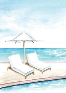 Watercolor of two white sun loungers and an umbrella by a pool overlooking the sea