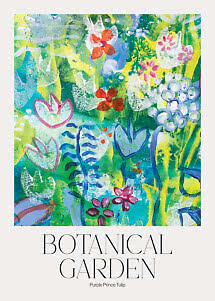 Poster botanico colorato con fiori astratti e tulipani nei toni di verde, blu, giallo e rosa