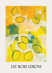 Affiche abstraite avec formes de citrons jaunes, touches vertes et blanches, texte « EAT MORE LEMONS »