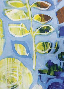 Abstract painting with light blue leaf shapes and yellow, green, and purple areas