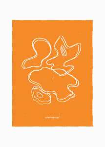 Orange plakat med hvide abstrakte stregtegninger af spejlæg og teksten "abstract eggs!"
