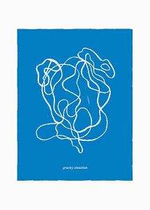 Abstract poster with white line drawing on blue background and the text "gravity situation"
