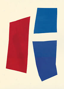 Abstrakt poster med en röd och två blå geometriska former på ljusbeige bakgrund