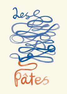 Abstraktes Poster mit blauen geschwungenen Linien und dem Wort "Pates" in Orange auf hellem Grund