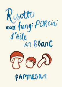 Ilustración culinaria manuscrita con setas y texto sobre risotto con porcini, vino blanco y parmesano