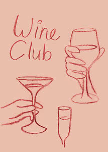 Illustrazione Wine Club con mani che tengono un calice da vino, una coppa e un flute