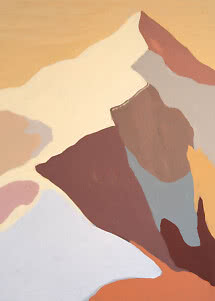 Peinture abstraite aux formes montagneuses en tons beige, brun, bleu et orange