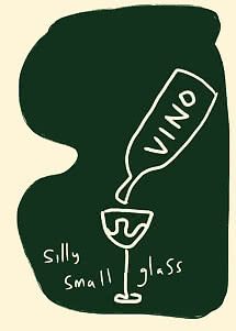 Abstraktes Poster mit handgezeichneter Weinflasche und kleinem Glas auf dunkelgrünem Hintergrund