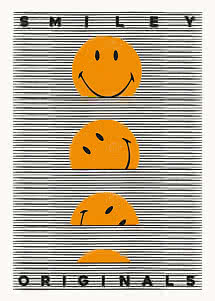 Graphic poster with the text "Smiley Originals" and four orange smiley faces behind black horizontal lines