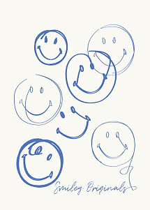 Blå håndtegnede smiley-ansigter på lys baggrund med teksten "Smiley Originals"