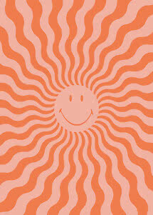 Graphic smiling sun with wavy orange rays on a light pink background