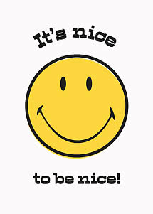 Yellow smiley face with the text "It's nice to be nice!" on a white background