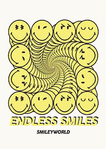 Poster with yellow smiley faces in a spiral tunnel and the text "Endless Smiles" by SmileyWorld