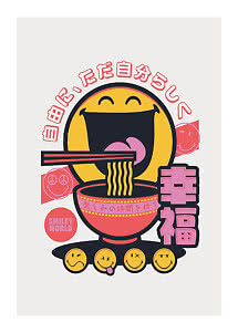 Graphic of a yellow smiley eating noodles with chopsticks above a red bowl with Japanese text