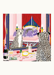 Illustration von Leoparden in einem luxuriösen Schlafzimmer mit Spiegel, Bett und Dingen auf dem Schminktisch