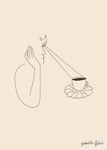 Minimalistische Strichzeichnung eines Gesichts, das eine Kaffeetasse auf einer Blume ansieht