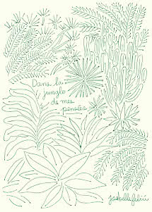 Disegno lineare verde di foglie tropicali e cactus su sfondo crema con testo francese scritto a mano