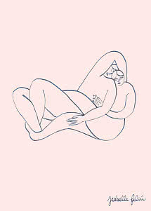 Minimalist line drawing of two embracing nude figures on a pale pink background