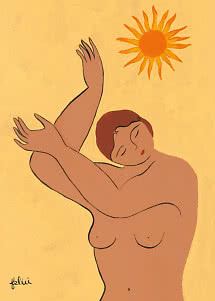 Illustration of a nude woman with raised arms beneath an orange sun on a beige background