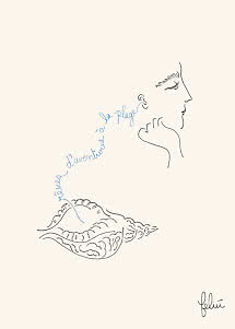 Minimalist line drawing of a woman's face and a shell with blue French text on a beige background