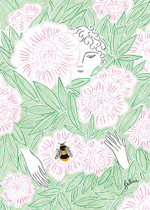 Illustration af kvinde blandt lyserøde blomster og grønne blade med en bi på en blomst