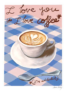 Illustration eines Cappuccinos mit Herz-Latte-Art auf blau karierter Decke und handgeschriebenem Text
