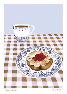 Illustrazione di meringa ai lamponi su piatto bianco e blu con una tazza di caffè su tovaglia a quadri