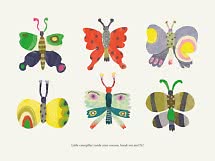 Ilustración de seis mariposas coloridas y fantasiosas sobre fondo claro con texto pequeño abajo