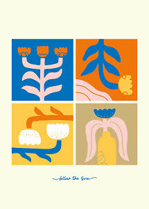 Grafische poster met vier kleurrijke bloemenvakken en de tekst "follow the sun" onderaan