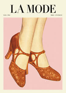 Vintage magazine cover with brown strappy women's heels on a pink background