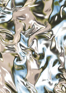 Immagine astratta con forme argentate lucide e ondulate nei toni del blu e del verde