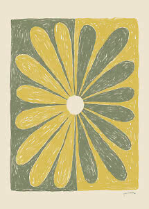 Abstrakte Blumenillustration mit gelben und grauen Blütenblättern auf geteiltem Hintergrund