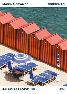Vintage travel poster with red beach cabins, blue loungers and umbrellas by the water in Sorrento