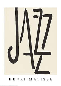 Plakat med ordet "Jazz" i store sorte penselstrøg og teksten Henri Matisse nederst