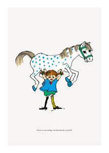 Illustrazione di Pippi Calzelunghe che solleva un cavallo bianco a pois sopra la testa