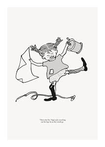 Sort-hvid tegning af Pippi, der danser med en spand og en klud.