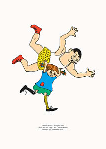 Illustration von Pippi Langstrumpf, die einen starken Mann über den Kopf hebt.