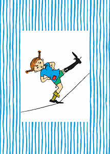 Illustrazione di Pippi Calzelunghe su sfondo bianco con bordo a righe blu