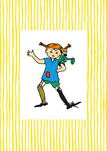 Illustration av Pippi Långstrump med Herr Nilsson på axeln mot vit bakgrund med gula ränder