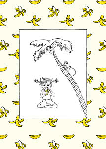 Ilustracja dziewczynki jedzącej banana pod palmą, na tle wzoru z bananami