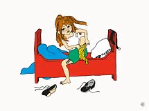 Illustrazione di una bambina dai capelli rossi che indossa calze gialle su un letto rosso
