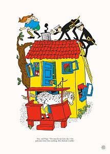Illustrazione di Pippi sul tetto di una casa gialla mentre due poliziotti la inseguono arrampicandosi.