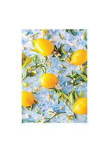 Limoni con foglie verdi e fiori bianchi su sfondo azzurro chiaro