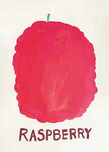 Illustrazione dipinta a mano di un grande lampone rosso con "RASPBERRY" sotto