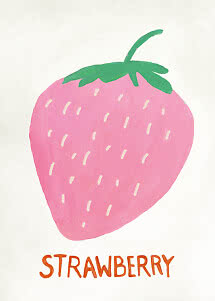 Handgeschilderde roze aardbei met groene blaadjes en de tekst "STRAWBERRY" onderaan