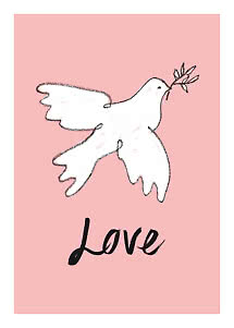 Illustration av vit fredsduva med olivkvist och texten "Love" på rosa bakgrund