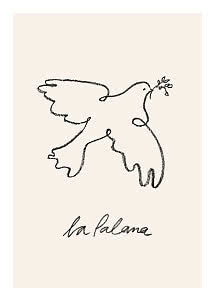 Minimalistisk stregtegning af en due med olivengren på beige baggrund med teksten "la la lame"