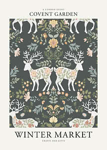 Poster Covent Garden Winter Market con cervi floreali e motivo botanico simmetrico